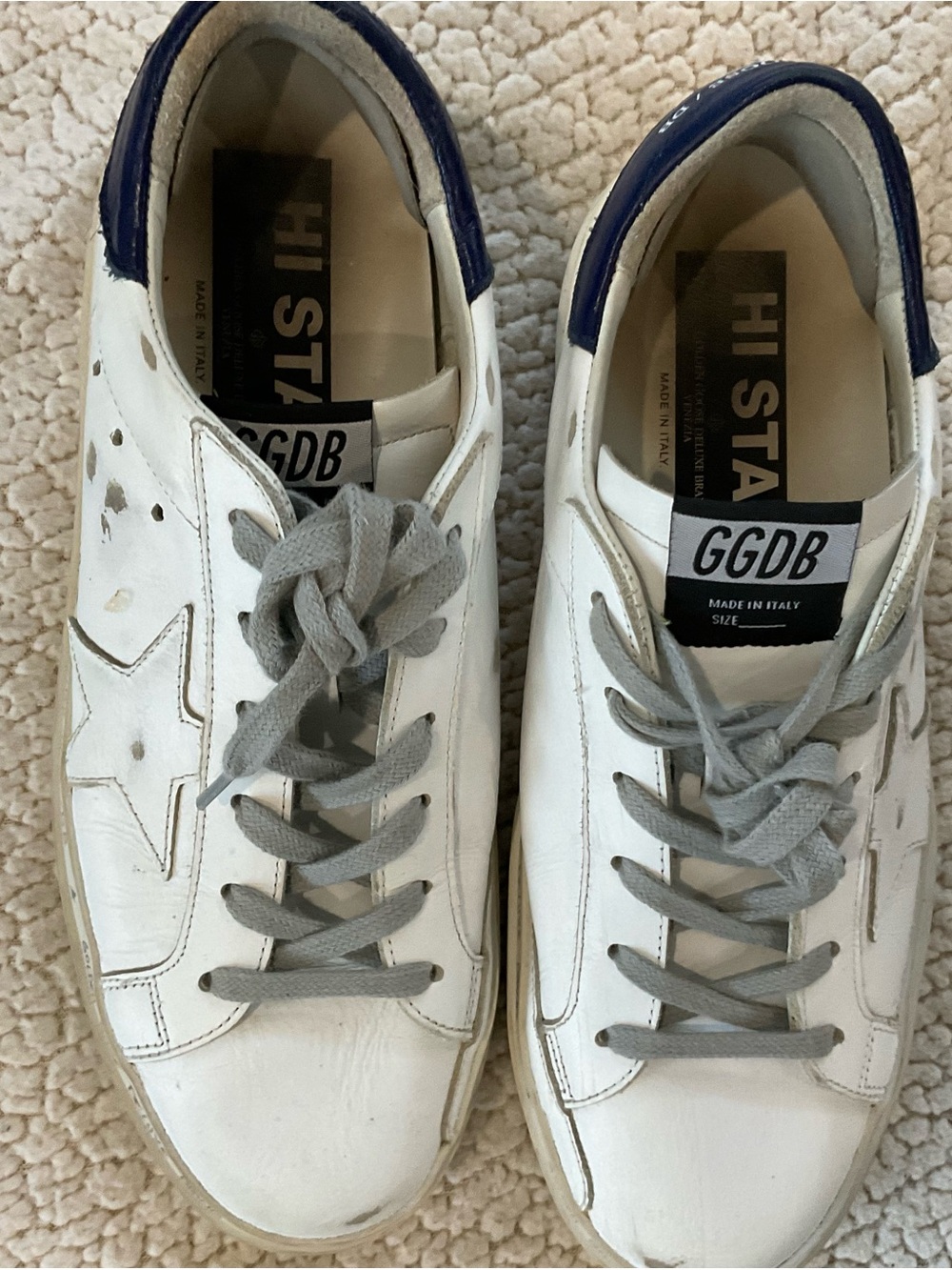 Golden Goose White Leather Sneakers with Navy Heel and Gray Laces Unisex sz 40